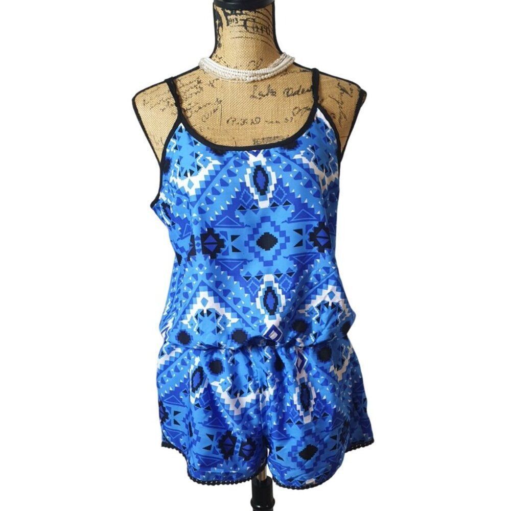 Harmony + Havoc Womens Romper L Blue Aztec Print Boho Keyhole Tank Jumpsuit Chic